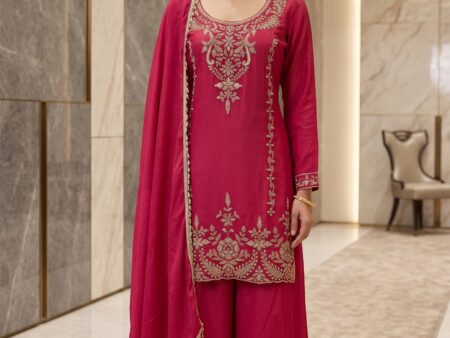 Rani Pink Tissue Gold Zariwork Straight Kurta With Sharara And Dupatta