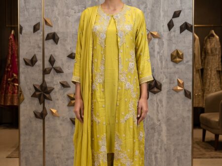 Yellow Tissue Gold Zariwork Straight Kurta With Sharara And Dupatta
