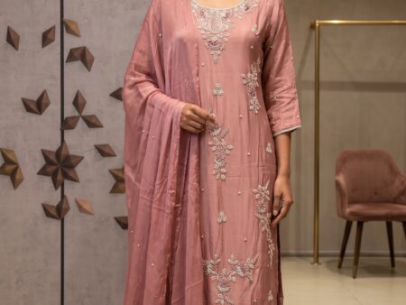 Rani Pink Raw Silk Threadwork Straight Kurta With Pant Regular And Dupatta