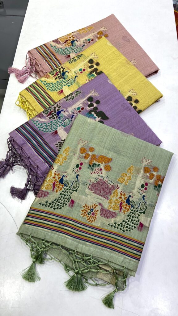 Golden yellow handloom cotton saree with traditional weaving patterns and matching blouse piece for women