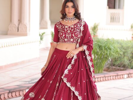 Vichitra Silk Sequins Thread Embroidered Lehenga