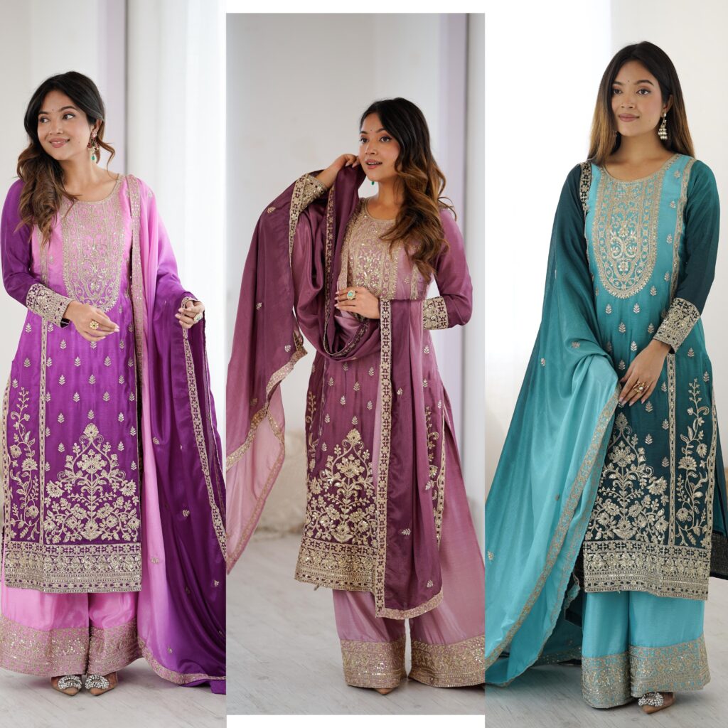 Shop a premium party wear Chinon silk dress with dori, sequin & thread embroidery. Ready-to-wear 3-piece designer set, perfect for parties and festive occasions. Quality guaranteed