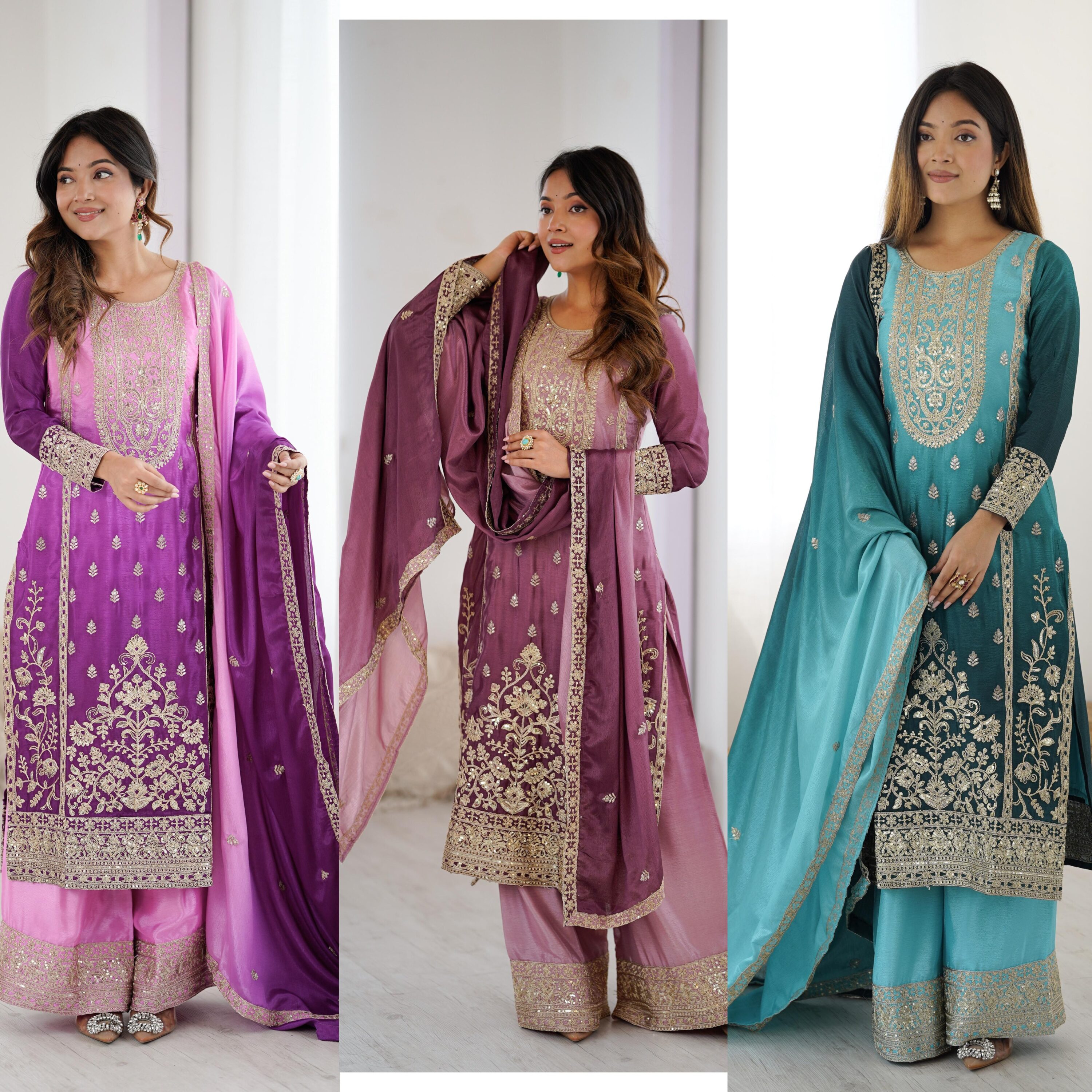 Shop a premium party wear Chinon silk dress with dori, sequin & thread embroidery. Ready-to-wear 3-piece designer set, perfect for parties and festive occasions. Quality guaranteed