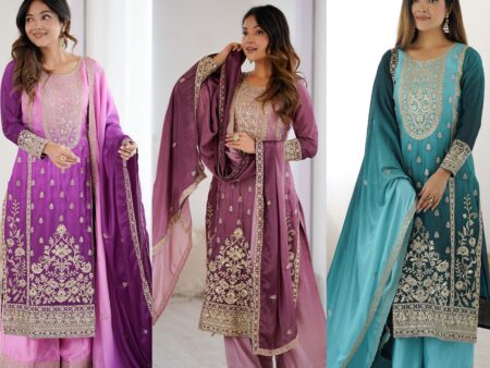 Shop a premium party wear Chinon silk dress with dori, sequin & thread embroidery. Ready-to-wear 3-piece designer set, perfect for parties and festive occasions. Quality guaranteed