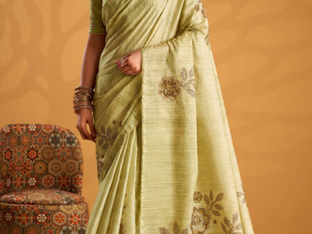 Phenomenal Pista Digital Printed Tussar Silk Saree With Moiety Blouse Piece