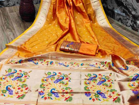 Charming Orange Paithani Silk Saree With Ethnic Blouse Piece