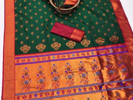 Admirable Dark Green Paithani Silk Saree With Assemblage Blouse Piece