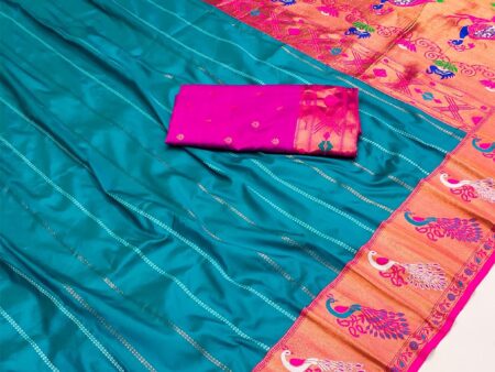 Bewitching Firozi Paithani Silk Saree With Groovy Blouse Piece