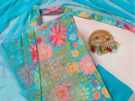 Sea Green Tissue Floral Silver Zardozi Work Unstitched Dress Material With Matching Bottom And Dupatta