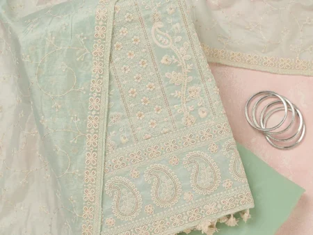 Sea Green Chanderi Threadwork Unstitched Dress Material With Matching Bottom And Dupatta