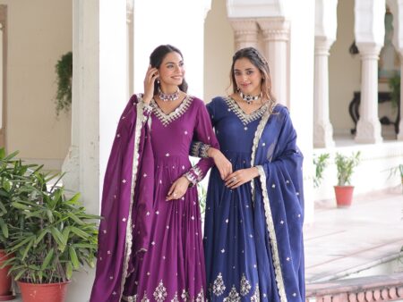 Vichitra silk embroidered gown with dupatta for Indian weddings and festive wear