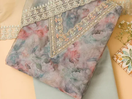 Sea Green Tissue Floral Silver Zardozi Work Unstitched Dress Material With Matching Bottom And Dupatta